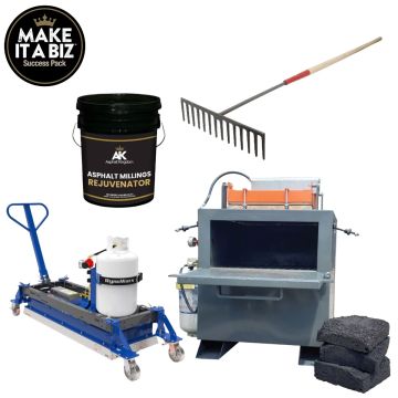 Enterprise Pothole Hunting Package Canada pothole repair equipment package with R4 infrared asphalt repair equipment, MR2X2 mini asphalt recycler, asphalt millings rejuvenator pail, and asphalt rake