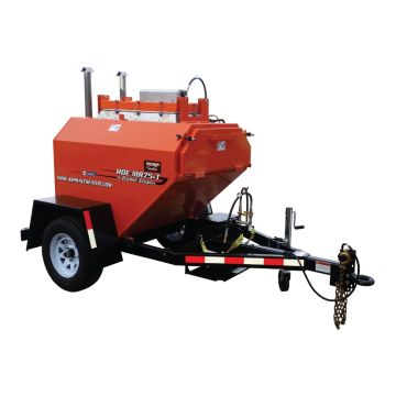 MR75 Mini Asphalt Recycler mounted on trailer, front and side view showing full unit and hitch

