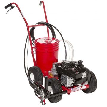 Newstripe 4250 Airless Line Striping Machine with 5-gallon bucket, Briggs & Stratton engine, and front-mounted spray gun attachment