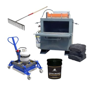 Pothole Hunting Package with R2X2 infrared asphalt heater, MR2X2 mini asphalt recycler, asphalt rake, and infrared patching rejuvenator for fast pothole repair.