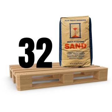 Half Pallet of Silica Sand with 32 bags, each weighing 50 lbs, for use in asphalt repair, sealcoating, asphalt slurry, masonry, epoxy systems, and industrial coatings.
