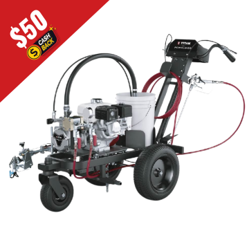 Titan PowrLiner PL3500S Striping Machine with $50 Cash Back Promotion – Dual-gun airless line striping sprayer for parking lots, roads, and sports fields.