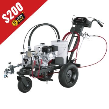Titan PowrLiner PL3500S Striping Machine with $200 Cash Back Promotion – Dual-gun airless line striping sprayer for parking lots, roads, and sports fields.