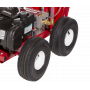 Two rear pneumatic tires on the Newstripe 4250 providing stability and smooth movement on pavement

'