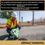 Contractor in safety gear applying HP Asphalt Cold Patch for pothole repair, with product benefits displayed.'