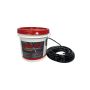 Crack Stix 250 ft. Black 1/4 inch asphalt crack filler with product coiled beside the labeled pail, ready for hot application'