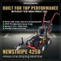 Newstripe 4250 Airless Line Striping Machine shown on pavement with benefits listed: works with water- and oil-based paint, 3000 PSI spray pump, 2