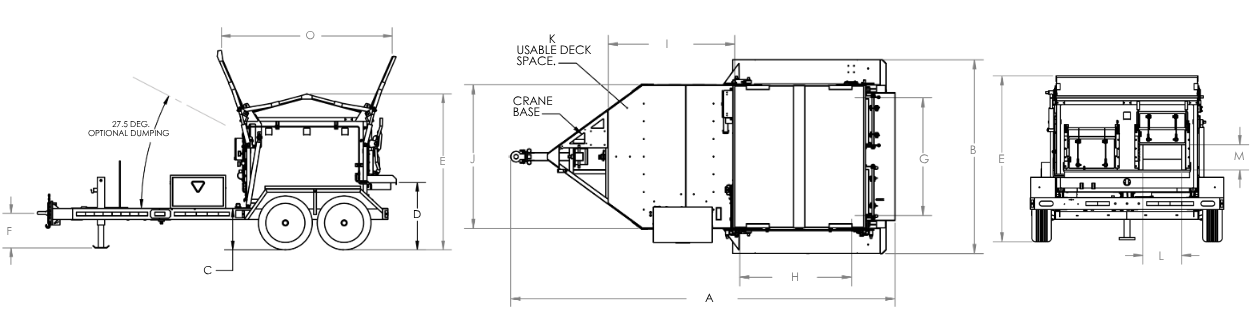 Trailer dimension layout for Asphalt Hot Box Reclaimer with labeled measurements A to O